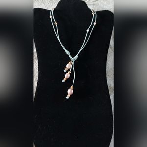 Handmade Light Pink & Gold Pearl & Light Blue Leather 3-Way Necklace